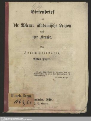 Hirtenbrief an die Wiener akademische Legion und ihre Freunde