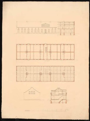 Grube Ilse (Kunheim & Co.), Großräschen/Bückgen Mehrfamilienhaus: 2 Grundrisse, 2 Ansichten, Längsschnitt, Querschnitt