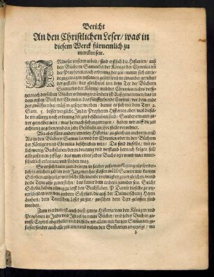 Bericht An den Christlichen Leser/ was in diesem Werck fürnemlich zu mercken seie.
