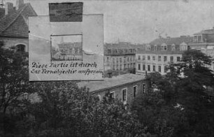 Dächer mit Turm der Kreuzkirche in Dresden (mit Kennzeichnung des Ausschnitts einer Aufnahme mit Teleobjektiv)