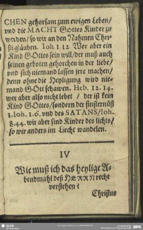 IV Wie muß ich das heylige Abendmahl deß Herrn recht verstehen?