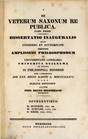 De veterum Saxonum re publica : pars prior ; dissertatio inauguralis