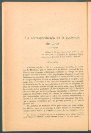 La correspondencia de la Audiencia de Lima - (Conclusión)