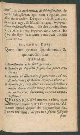Secunda Pars. Quot sint genera sponsionum & quomodo fiant.