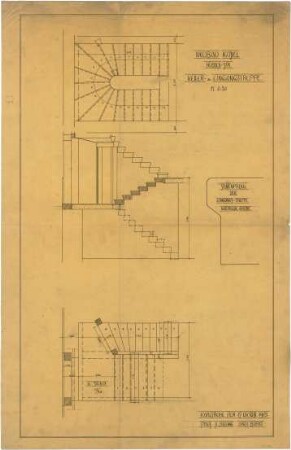 Billing, Hermann; Karlsruhe, Hübschstr. 30; Haus Kassel - Kellertreppe und Eingangstreppe (Grundriss; Ansicht); Stufenprofil (Ansicht)