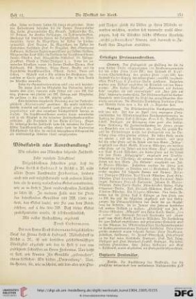 Todesfälle / Gedenktage / Aus Künstler-Vereinen / Aus Kunstvereinen / Vom Kunsthandel / Aus Galerien und Museen / Auktionen / Vermischtes / Literatur-Umschau / Briefkasten der Schriftleitung / Werbung