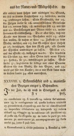 XXXVIII. 1. Erkenntlichkeit und 2. manierliches Bezeigen einiger 3. Schwalben.