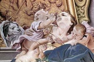 Josua und die Israeliten im Kampf gegen fünf Kaaniterkönige; zwei allegorische Gruppen: Schutz und Geborgenheit durch die Feier der Eucharistie