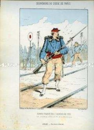 Karikatur, Soldaten des Eisenbahn-Freikorps zwischen den Schienen, Frankreich 1870. Tafel 15 aus: Souvenirs du Siège de Paris. Les Défenseurs de la Capitale.