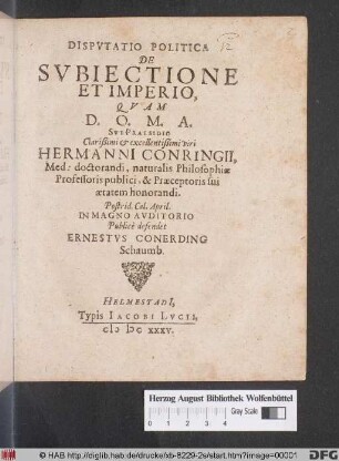 Disputatio Politica De Subiectione Et Imperio