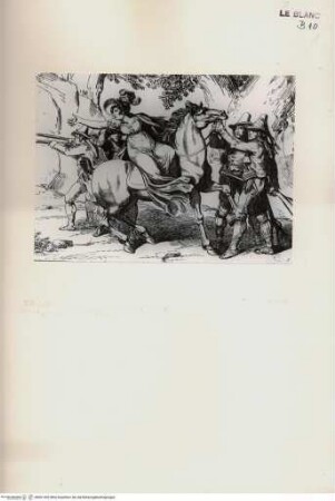 Nuova raccolta di cinquanta costumi de' contorni di Roma compresi diversi fatti di briganti : cominciati l'anno 1819, compiti nel 1822 / disegnati ed incisi all'acqua forte da Bartolomeo Pinelli, Roma : Gio. Scudellari, 1823Briganten überfallen eine fremde Dame zu Pferde; tav. [50] - Stiche aus Nuova raccolta di cinquanta costumi de' contorni di Roma..., Rom 1823