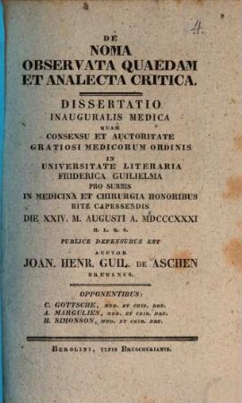 De noma observata quaedam et analecta critica : dissertatio inauguralis medica