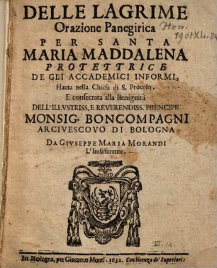 Delle lagrime orazione Panegirica