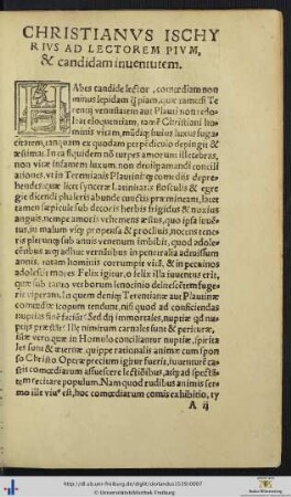 CHRISTIANUS ISCHYRIUS AD LECTOREM PIUM et candidam inventutem