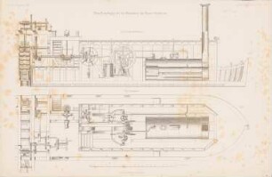 Fluss-Dampfbagger für die Melioration des Nieder-Oderbruchs: Grundriss, Längsschnitt (aus: Atlas zur Zeitschrift für Bauwesen, hrsg. v. G. Erbkam, Jg. 4, 1854)