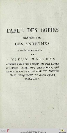 Table des copies gravées par des anonymes d’apres les estampes des vieux maîtres