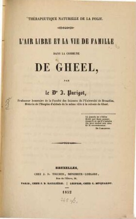 Thérapeutique naturelle de la folie : L'air libre et la vie de famille dans la commune de Gheel