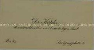 Visitenkarte des Ministerialdirektors im Auswärtigen Amt Dr. Gerhard Köpke aus der Sammlung des Reichskanzlers Wilhelm Marx / Kategorie "Beamte des auswärtigen Dienstes" - Sachkonvolut