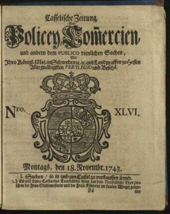 Nro. XLVI, Montags, den 18. Novembr. 1743