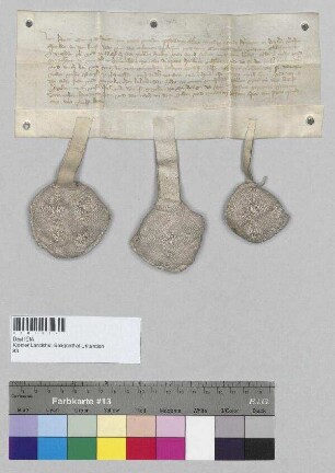 Die Herzöge Heinrich, Otto und Heinrich von Bayern bestätigen die Rechte des Klosters Seligenthal. S1: Heinrich, Herzog von Bayern, S2: Otto, Herzog von Bayern, S3: Heinrich, Herzog von Bayern