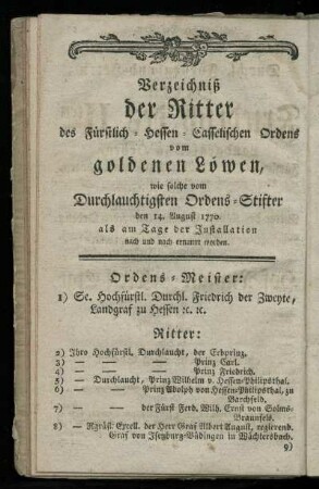 Verzeichniß der Ritter des Fuerstlich-Hessen-Casselischen Ordens vom goldenen Loewen