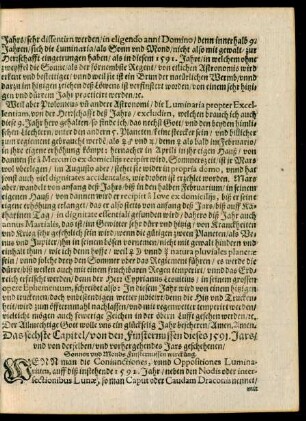 Das sechste Capitel/ von den Finsternussen dieses 1591. Jars/ und von derselben/ und vorhergehendes Jars geschehenen/ Sonnen und Monds Finsternussen wirckung.