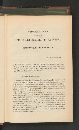 Circulaires Prescrivant L'Établissement Annuel Des Statistiques Du Commerce.
