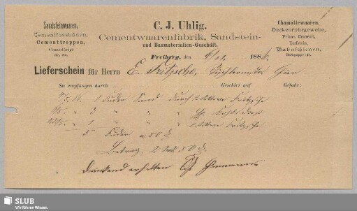 C. J. Uhlig, Cementwaarenfabrik, Sandstein- und Baumaterialien-Geschäft, Freiberg : Lieferschein