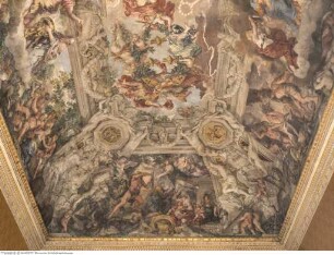 Triumph der Divina Providentia - Apotheose des Hauses Barberini und der päpstlichen Herrschaft Urbans VIII., Allegorien von Segnungen und Strenge der päpstlichen Herrschaft, Herkules als Tugendheld besiegt die Harpyen