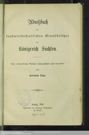1891: Adreßbuch des landwirthschaftlichen Grundbesitzes im Königreich Sachsen