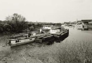 Dresden-Neustadt. Winterhafen der Weißen Flotte Dresden. Im Vordergrund Personen-Seitenraddampfer "Schmilka" (1897, Werft Blasewitz) und Landungsbrücken