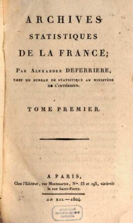 Archives statistiques de la France. 1. 1804