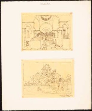 Kirche, Chalcedon: Perspektivische Außenansicht und Innenansicht (2 Blätter, Durchzeichnungen nach Cornelis Le Bruyn, Voyage en Orient, I, S. 174))