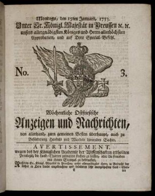 No. 3. Montags, den 15ten Januarii, 1753.