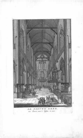 Grafik "De Nieuwe Kerk, van binnen, naar 't Westen, te zien"