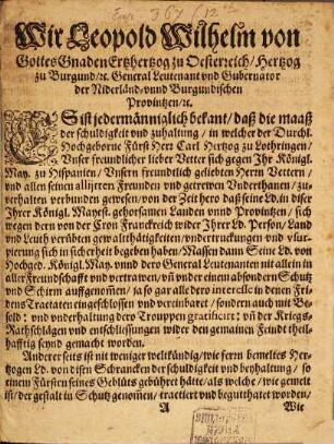 Copia einer Bekanntmachung Leopolds Wilhelm ... Erzherz. zu Oesterreich