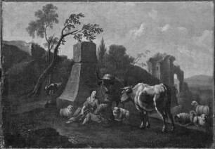 Hirtenpaar mit Herde bei der Rast in hügeliger Landschaft mit antiken Ruinen