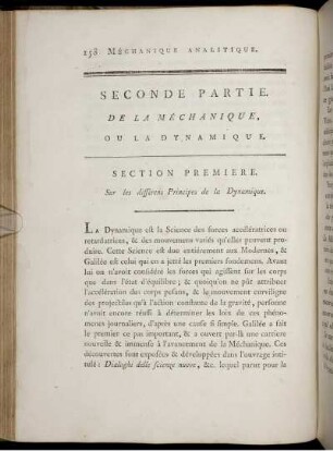 Seconde partie. De La Méchanique ou la Dynamique.