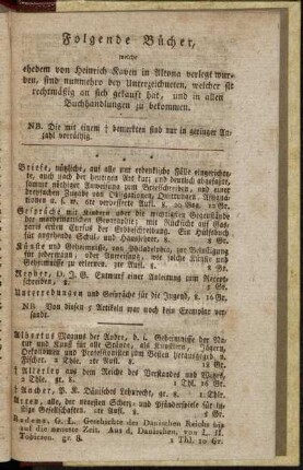 Folgende Bücher, welche ehedem von Heinrich Kaven in Altona verlegt wurden,[...]