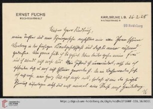 Nachlass Gustav Radbruch. Korrespondenz Ernst Fuchs/Gustav Radbruch: Brief von Ernst Fuchs an Gustav Radbruch