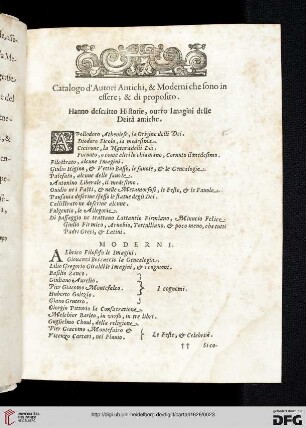Catalogo d'Autori Antichi, & Moderni che sono in essere; & di proposito