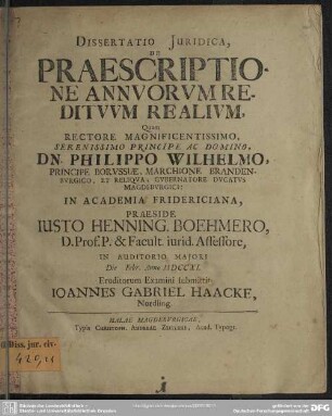Dissertatio Iuridica, De Praescriptione Annuorum Redituum Realium