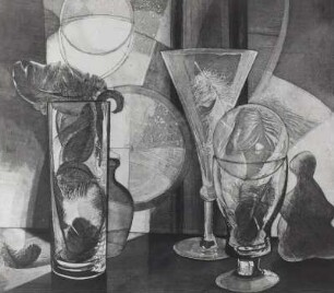 Stilleben mit Glas und Federn