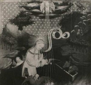 Thomas-Altar, linker Innenflügel, Außenseite, oberes Bild, Anbetung des Kindes