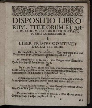 Dispositio Librorum, Titulorum Et Articulorum, Totius Operis Statutorum Lubecensium