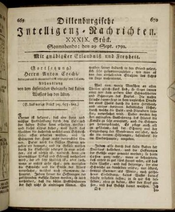 XXXIX. Stück. Sonnabends: den 29. Sept. 1792.