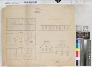 Zeichnung zu einem neuen Schul- und Küsterhaus. Lit. C. Ruhrort den 24. Sept. 1833. Spitz / Revidirt Umpfenbach 20.1.34 / Die nach meinem Entwurf gefertigte Reinzeichnung revidirt: Felderhoff, Kreisbauinsp.