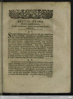 Sectio Prima. Praeliminaria, Et quae ad pleniorem thematis perceptionem faciunt, adumbrans