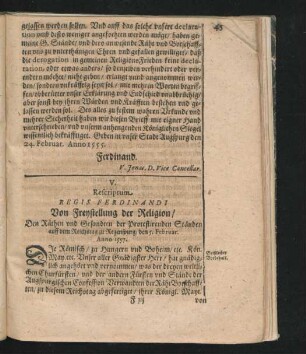 V. Rescriptum Regis Ferdinandi Von der Freystellung der Religion. Anno 1557.