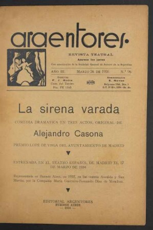 1936009600: La sirena varada : comedia dramática en tres actos